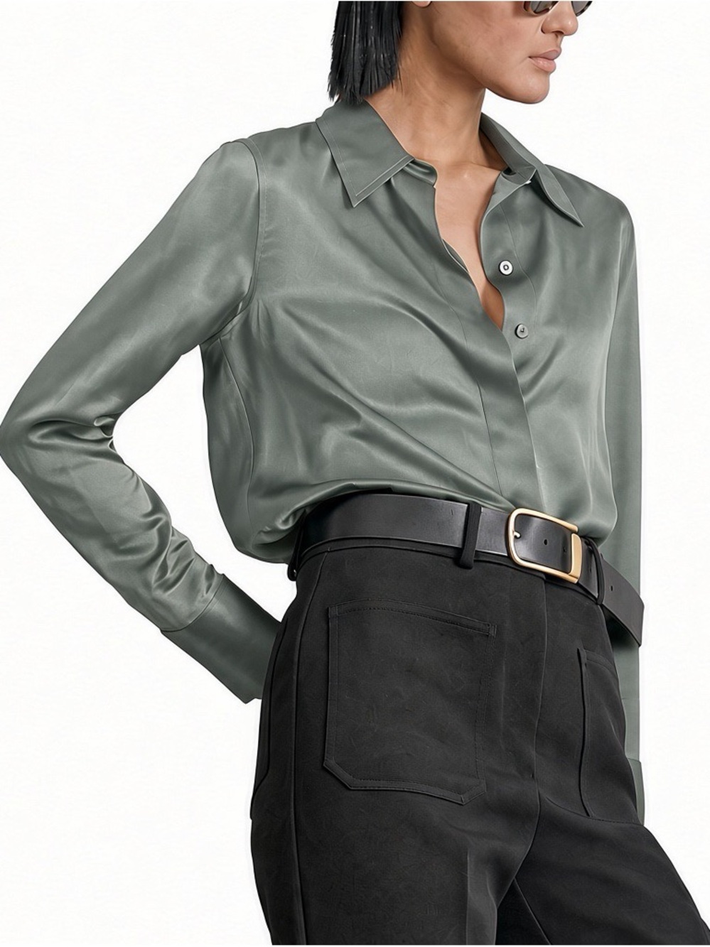 Reiss “Ameria” Silk-Satin Sage Green Button-Up Women's Blouse